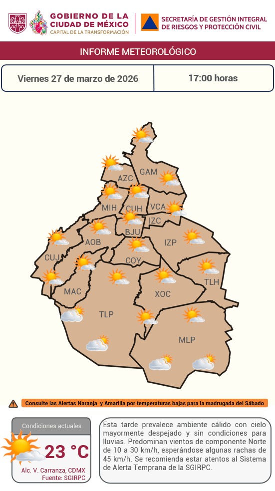 SGIRPC_CDMX's tweet image. Esta tarde en la Ciudad de México, prevalecerá el ambiente #cálido con cielo mayormente #despejado y sin condiciones para #lluvia.

🌡️#Temperatura actual: 23 °C.

Mantente informado. #PornósticoDelTiempo #LaPrevenciónEsNuestraFuerza