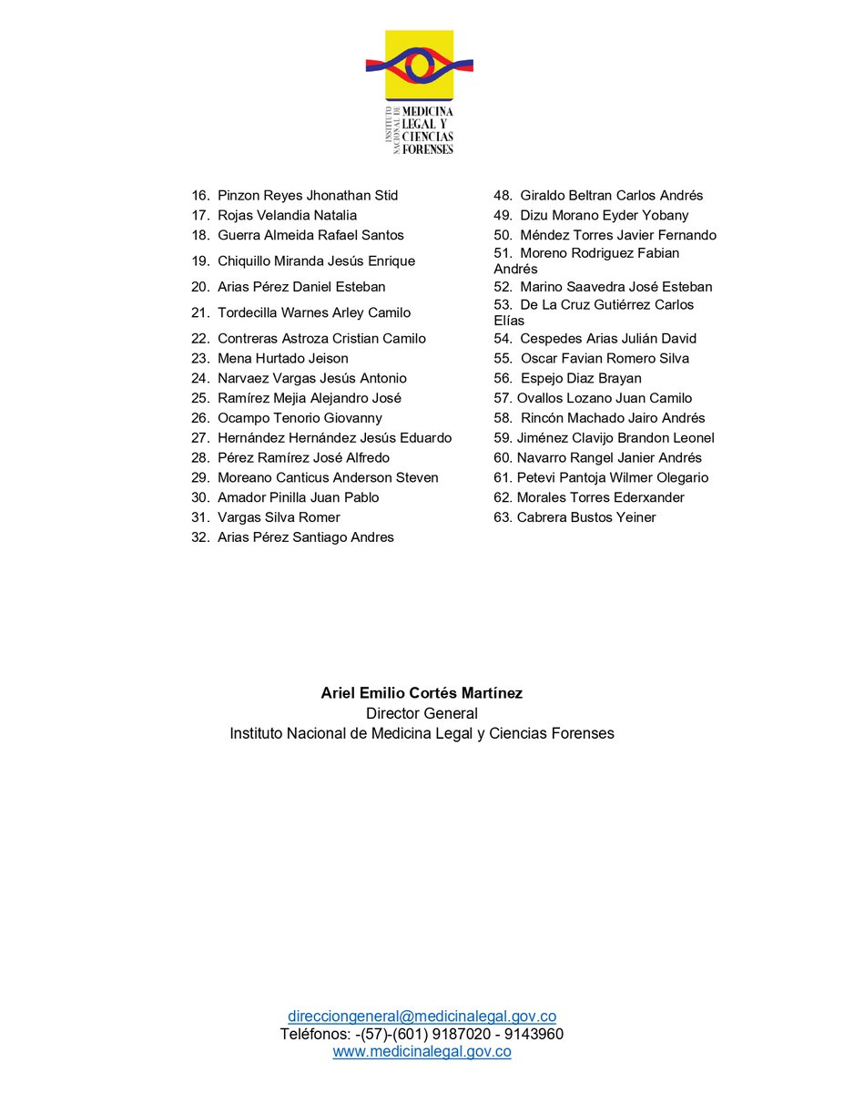 #ATENCIÓN  <a href="/MedLegalColombi/">Medicina Legal (Col)</a> informa que se han  identificado un total de 63 víctimas del accidente aéreo del C-130 Hércules en Putumayo. Más detalles en el comunicado 👇: