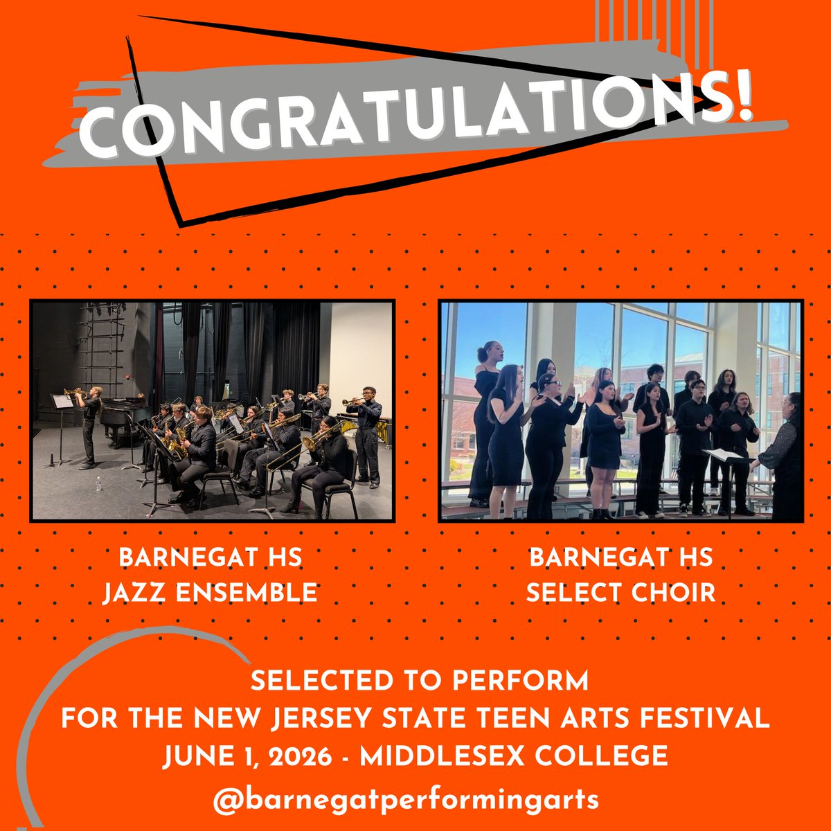 Congratulations to the Barnegat High School Jazz Ensemble and Select Choir for being selected to perform for the New Jersey State Teen Arts Festival on June 1, 2026 at Middlesex College in Edison, NJ! #barnegatpride #barnegatinspires #barnegatperformingarts 🎶🎷🎺🎤