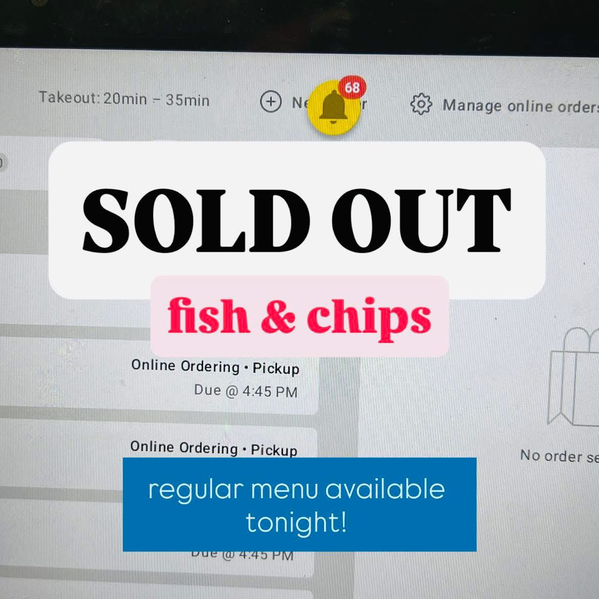UPDATE! 🎣 

Regular menu is still available tonight. However, all of the fish &amp; chip boxes are accounted for through 8pm. 

Orders started rollin in at 5am this morning. 

Next Friday is the season finale for fish! 

Thank you, Buffalo!