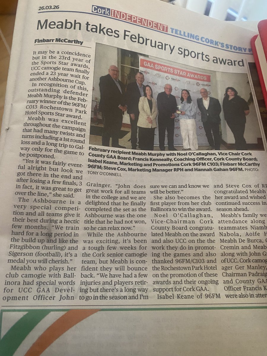 Thanks to <a href="/corkindo/">Cork Independent</a> for article on February <a href="/Corks96FM/">Cork's 96FM</a> <a href="/C103Cork/">C103</a> <a href="/RochestownPark/">Rochestown Park Hotel</a> Sports Star winner 
Meabh Murphy <a href="/ucc_gaa/">UCC GAA</a> Ashbourne Cup Champions.
<a href="/bnoracamogielgf/">Ballinora Camogie & Ladies Football</a> <a href="/CorkCamogie/">OfficialCorkCamogie</a> <a href="/OfficialCorkGAA/">Cork GAA</a> <a href="/OfficialCamogie/">The Camogie Association</a>