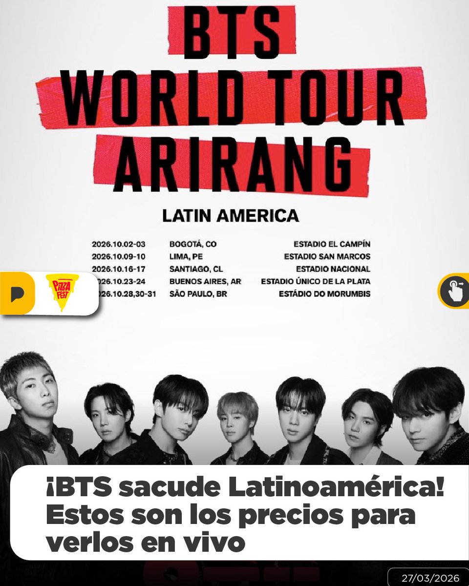 LaPosta_Ecu's tweet photo. El regreso de BTS no solo emociona, también impacta el bolsillo. La banda anunció los precios de su gira por Latinoamérica y van desde los $100 hasta más de $1.000 dependiendo de la zona 🎟️ #pizzafest https://t.co/p7LahEwtY8