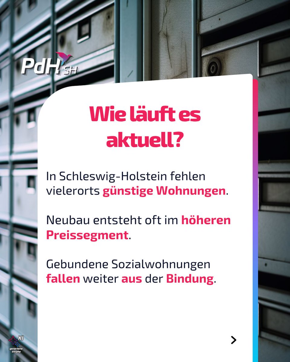 PdH_SH's tweet photo. Zu wenig sozial gebundener Wohnraum. Zu hohe Mieten. Zu schwache Eingriffe. Die Kosten tragen Mieterinnen und Mieter in ganz Schleswig-Holstein. Zeit für Veränderung! 

#dagehtnochmehr #pdh #pdh_sh https://t.co/qHF78K2zoH
