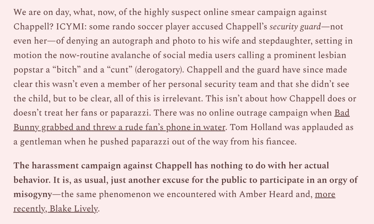 kylietcheung's tweet photo. Again: the harassment campaign against Chappell Roan is not about her actual behavior—it's about people wanting to participate in orgies of misogyny while still trying to convince themselves they're not misogynists, and picking at straws/making things up to justify this https://t.co/rdSo3FJ5iS