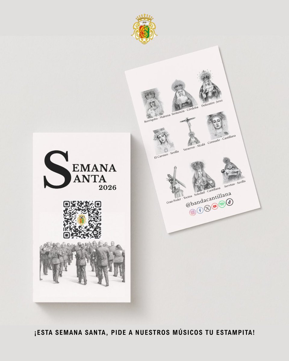 ¡Esta Semana Santa tenemos algo 𝐞𝐬𝐩𝐞𝐜𝐢𝐚𝐥! 🖤

Nuestros músicos llevarán 𝐞𝐬𝐭𝐚𝐦𝐩𝐢𝐭𝐚𝐬 que podréis pedir✨

Además, podréis seguir en 𝐝𝐢𝐫𝐞𝐜𝐭𝐨 todo lo que vamos interpretando a través de X

¡No te quedes sin la tuya!

#suenacantillana #semanasanta2026✝️