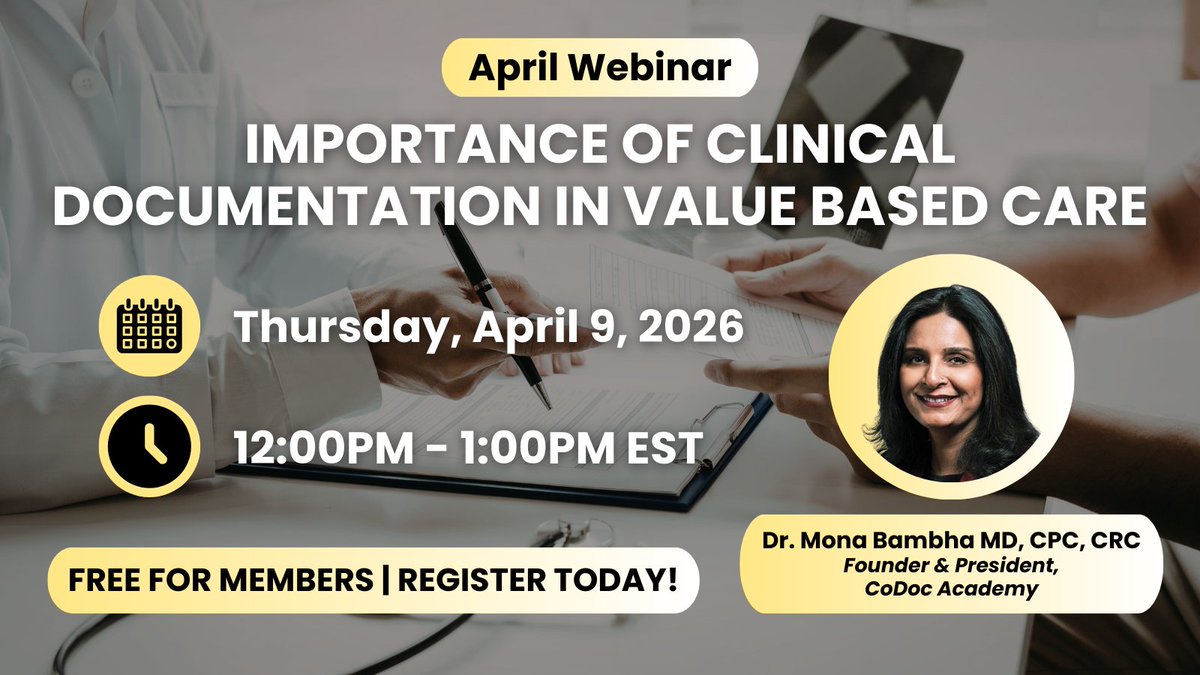 Register for upcoming webinar, "Importance of Clinical Documentation in Value Based Care" presented by Dr. Mona Bambha MD, CPC, CRC, Founder &amp; President of CoDoc Academy 📣

🗓️Thursday, April 9, 2026
🕓12:00PM - 1:00PM EST

Register today!👇
hlanortheast.org/event-6578202