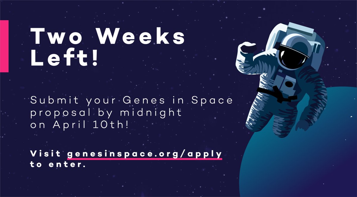 genesinspace's tweet photo. You still have time to develop and submit your space biology idea for the 2026 Genes in Space contest. We can't wait to read these creative proposals!

https://t.co/ltEsu3llMF https://t.co/hIvDTriBFn