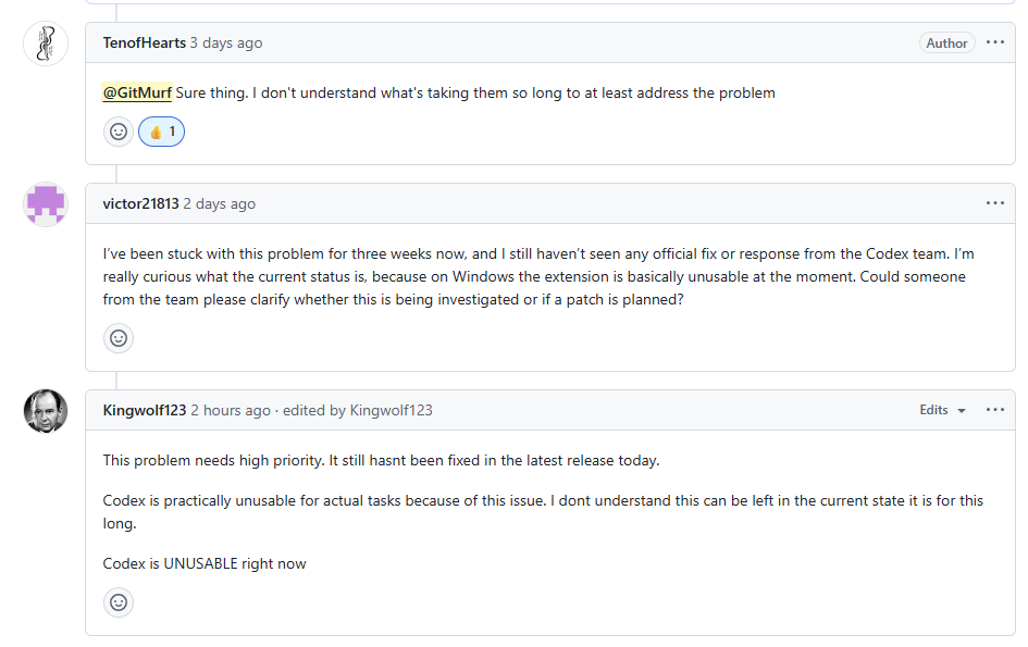 GitMurf's tweet photo. @dkundel @thsottiaux @dkundel if you need any further justification for escalation internally, more folks are starting to comment on these several similar Windows issues on GitHub. All similar sentiment to what I originally stated which is this makes Codex App on Windows (sandboxed) pretty unusable. https://t.co/YWyPsJcWLC