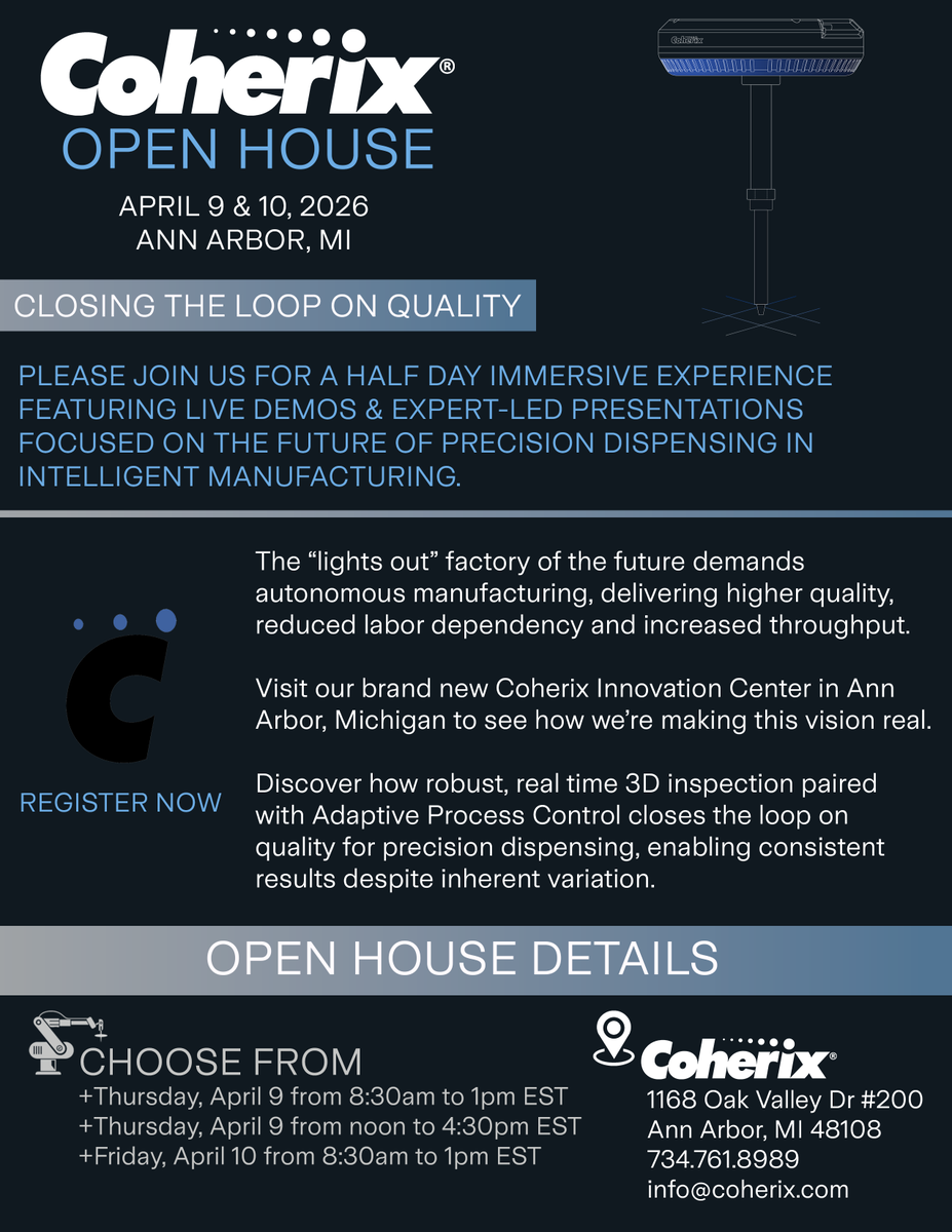 Coherix's tweet photo. Please join us for live demos &amp; captivating presentations on the future of precision dispensing!  

https://t.co/Ps7iaVEHXY https://t.co/drDbJl9wfb