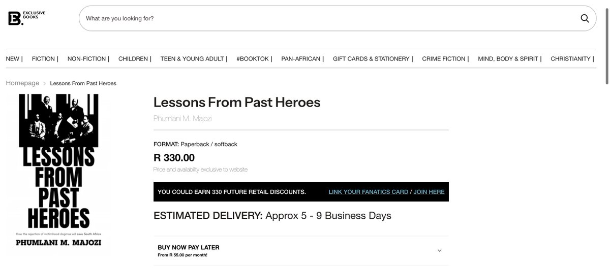 PhumlaniMMajozi's tweet image. Make an online order of my book, Lessons from Past Heroes, on the Exclusive Books website, in case you don't like going to the bookshop.

Link in the replies. ⬇️ 🇿🇦 #books #economics #politics