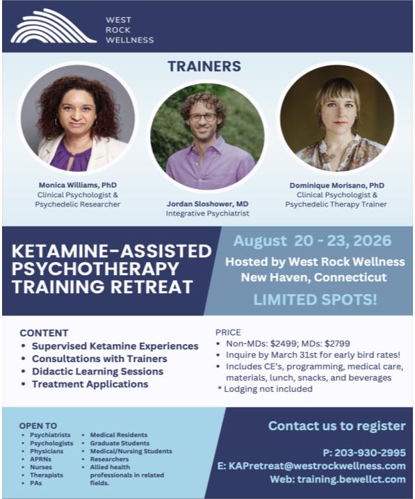 DrMonnica's tweet photo. I am excited to share an upcoming Ketamine-Assisted Therapy Training Retreat taking place August 20–23, 2026 at West Rock Wellness in New Haven, Connecticut.
Learn more here: https://t.co/OUrp6IxnmV
#KetamineTherapy #KAPTraining #ClinicalTraining #TherapistEducation https://t.co/UNhd5ZsMok