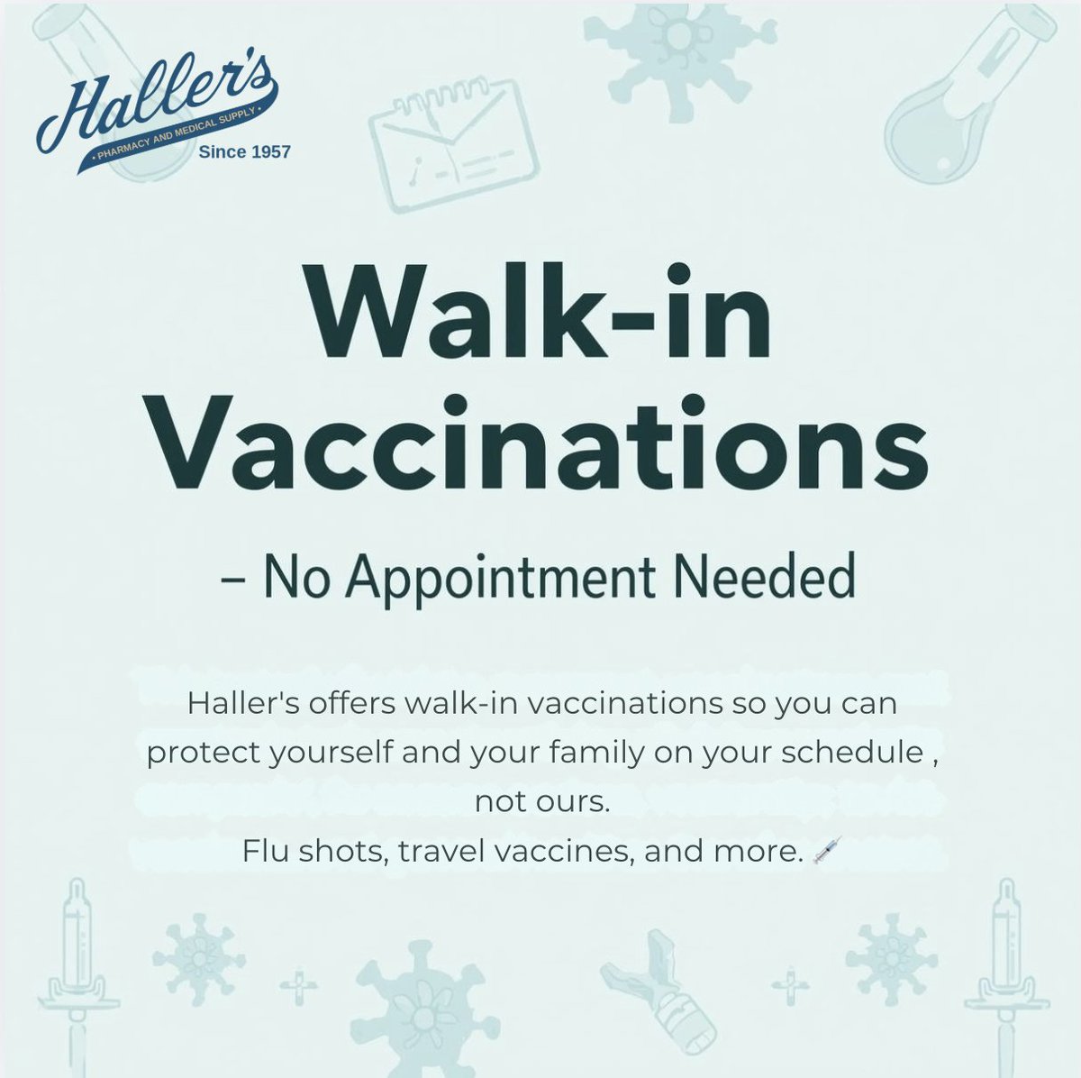 HallersPharmacy's tweet image. No appointment. No waiting weeks. Just walk in.

Haller's offers walk-in vaccinations so you can protect yourself and your family on your schedule, not ours.

Flu shots, travel vaccines, and more. 💉

📍 Walk in today.

#HallersMedical #WalkInVaccinations #FluShot #StayProtected