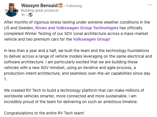 Winter testing is complete across all three VW brands (VW, Audi, Scout). This unlocks the full $1B in equity, priced at 30-day VWAP (~$15.88).

Add Uber's $300M and Q1 cash should be roughly flat at ~$6.1B despite the burn.

$RIVN