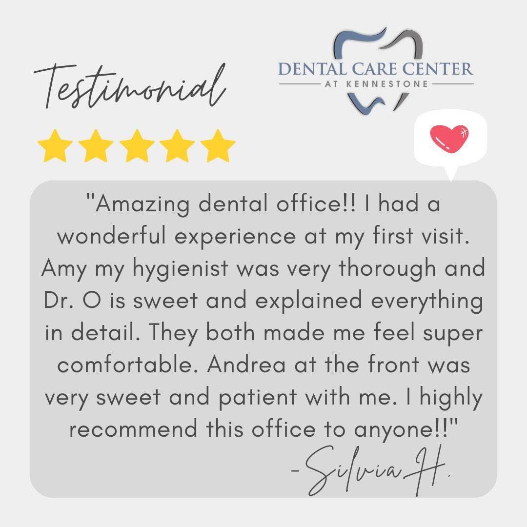 DCCKennestone's tweet photo. Thank you for the wonderful review, Sylvia! #FiveStarFriday #MariettaDentist #oralcare #oralhealth https://t.co/Hlo7oPZbz1