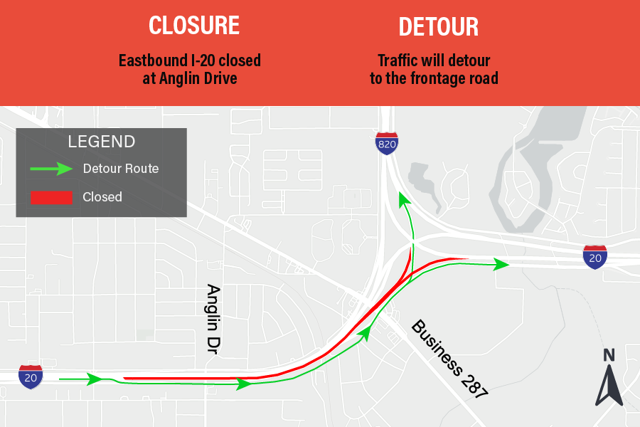 SE_Connector's tweet photo. Highway Closure Tonight, 3/27:

Eastbound I-20 closed at Anglin Dr.
Traffic will detour to the frontage road.

11 p.m. to 9 a.m.

Please visit https://t.co/3GvI6FNOjw for a full list of all upcoming closures. https://t.co/9T7Nzr1hYd