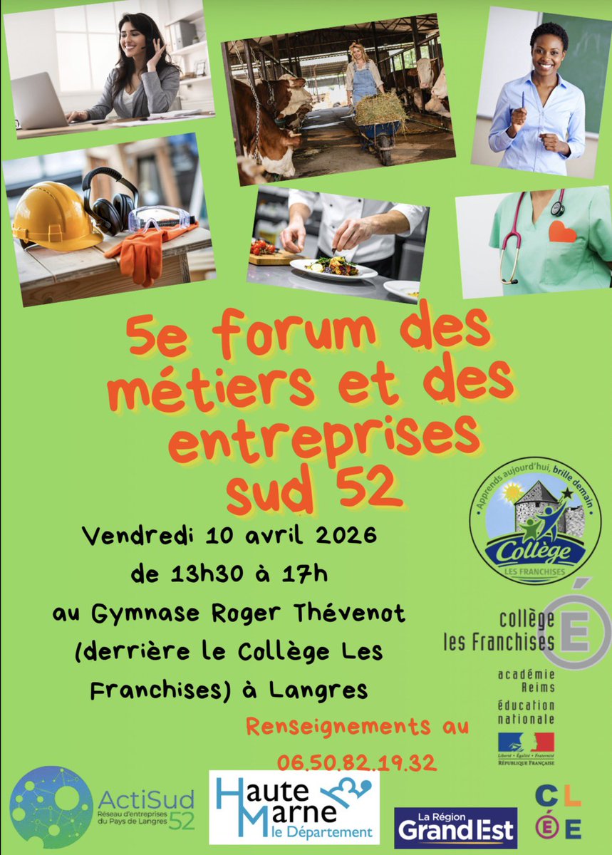 MJeanLaBrousse's tweet photo. 600 élèves niveau 4ème
50 professionnels, entreprises, représentants des services publics  👮 👩‍🍳👷‍♂️👨‍⚕️🧑‍🏫🧑‍🚒🧑‍🌾
4 lycées 
8 collèges

“L’indispensable rendez-vous entre la jeunesse du sud Haute-Marne et les forces vives du territoire”
“Découvrir des métiers, des entreprises c’est se pencher sur son avenir et commencer à rêver sa vie d’adulte”

@AcReims @LaHauteMarne @regiongrandest @EstCapeb @Actisud5 @michel_fonne @Prefet52 @Nico_Lacroix52 @LaglerPhilippe @jhmcorte @jhm_fr @ActiveRadio_52 @parc_nat_forets @est_medef @SebastienZENDER