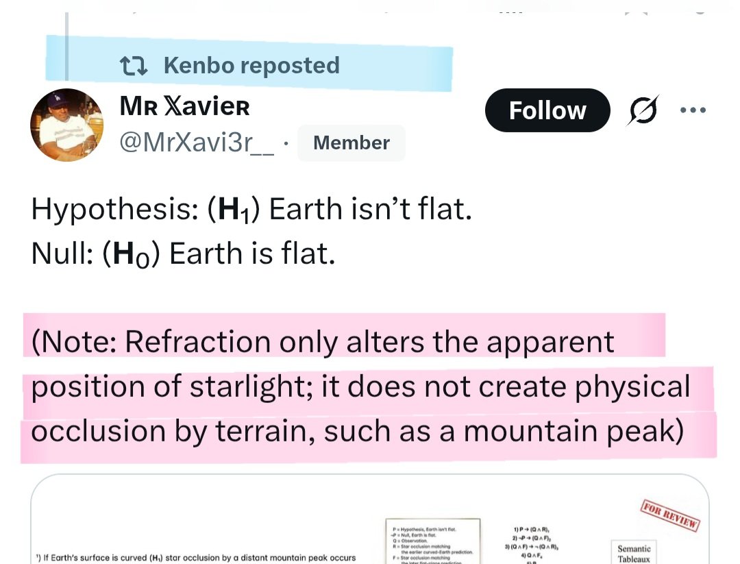 haprho's tweet photo. #CelestialTheodolite #CelTheo #AetherCos #AetherCosmology #FlatEarth
Turning refraction off in Stellarium invalidates CTX.
———
Falsification of pink (attached) claim:
Consider a mountain peak with a clear, unobstructed sky visible behind it from the observer's position. On a clear, cool morning, atmospheric refraction can lift the apparent position of the mountain peak by a small but non-zero amount—typically on the order of 0.05° to 0.2° (or more over very long sightlines), depending on distance, temperature gradient, and viewing conditions.
This upward shift in the peak's apparent altitude means that the line of sight to the refracted image of the peak now intersects a portion of the sky that is geometrically higher than the true position of the peak.
Consequently, light rays from that higher region of sky are physically blocked by the actual mountain terrain before they can reach the observer. The mountain therefore creates a real physical occlusion of sky that would otherwise be visible if there were no refraction-induced lift.
In short, while refraction only changes the apparent direction from which the mountain's own light arrives, it simultaneously causes the mountain to obscure a different (higher) patch of background sky than its true geometric position would suggest.
This demonstrates that refraction can indeed contribute to physical occlusion by terrain, contrary to the claim that it only alters apparent stellar positions without affecting such blocking.
cc: @MrXavi3r_
@AntiDisinfo86
@space_audits
@ken_caudle