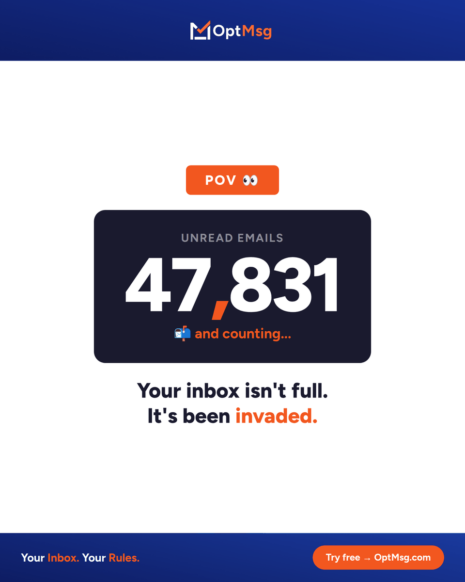 OptMsg's tweet photo. 47,831 unread emails and you still call yourself organized 😭 

Your inbox isn't full, it's been invaded. 

OptMsg lets in only the people YOU approve. 

Try for free → https://t.co/sqDikDISp0

#InboxZero #SpamEmails #EmailPrivacy #InboxControl #NoMoreSpam https://t.co/qqHD8Iqu7q