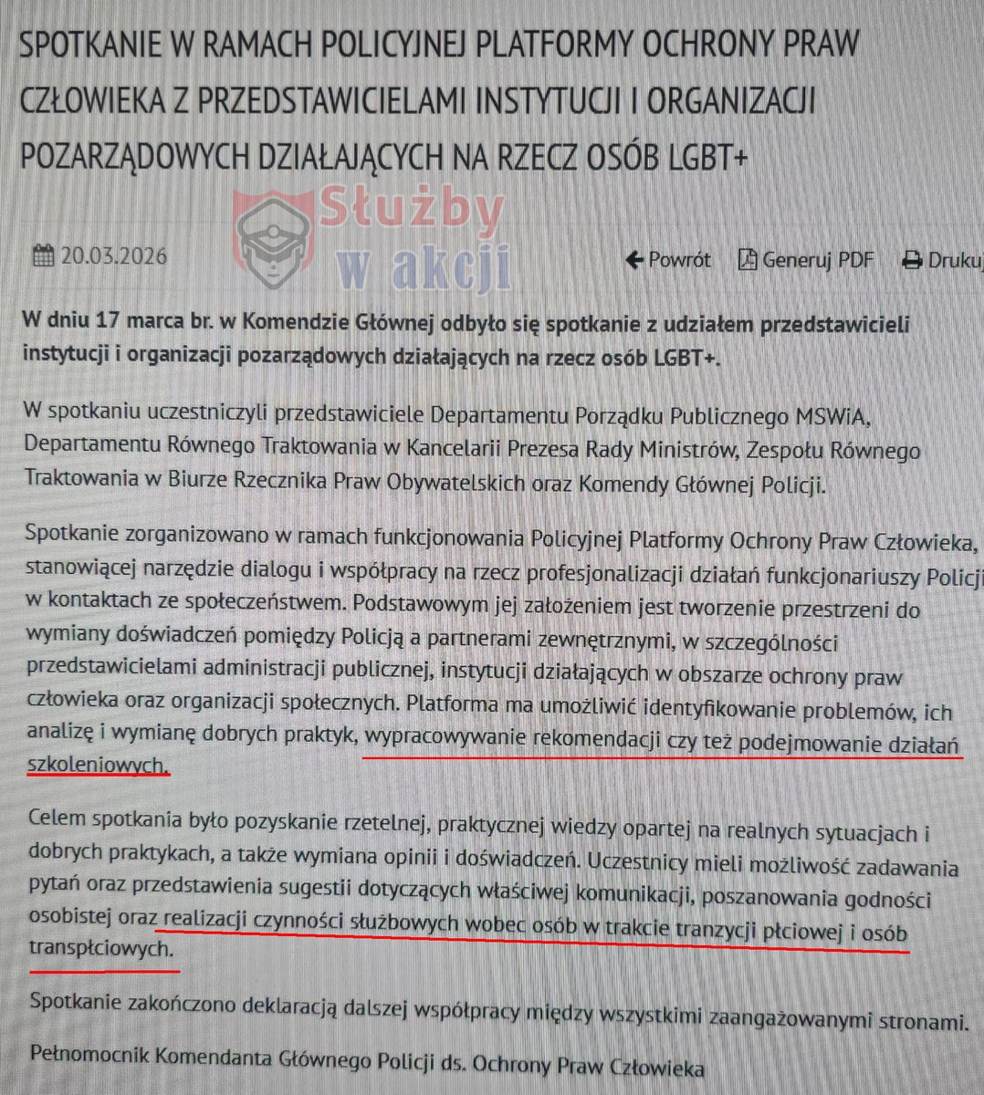 Sluzby_w_akcji's tweet photo. Oficjele między innymi z Komendy Głównej policji spotkali się z organizacjami LGBT+ i rozmawiali jak wypracować ewentualne szkolenia z komunikacji policjantów ze społeczeństwem LGBT. 

Na takie inicjatywy znajdują się czas i środki. Natomiast na podstawowe sprawy — jak szkolenia dla policjantów — już niekoniecznie.

Tysiące funkcjonariuszy od dawna czeka na szkolenia, które umożliwiłyby im awans. Morale spada z miesiąca na miesiąc. Problemy są realne i narastające.

Pominę temat szkoleń na strzelnicy, ilość dostępnej amunicji do wystrzelania czy podnoszenie kwalifikacji policjantów w obszarach ratujących życie jak chociażby Kurs KPP.

A mimo to priorytety wyglądają inaczej, ważne staje się opracowywanie i wdrażanie ewentualnych szkoleń z "realizacji czynności służbowych wobec osób w trakcie tranzycji płciowej i osób transpłciowych." 

Ciekawe czy za jakiś czas użycie niewłaściwych zaimków czy "Misgendering" będzie kończyć się postępowaniem.