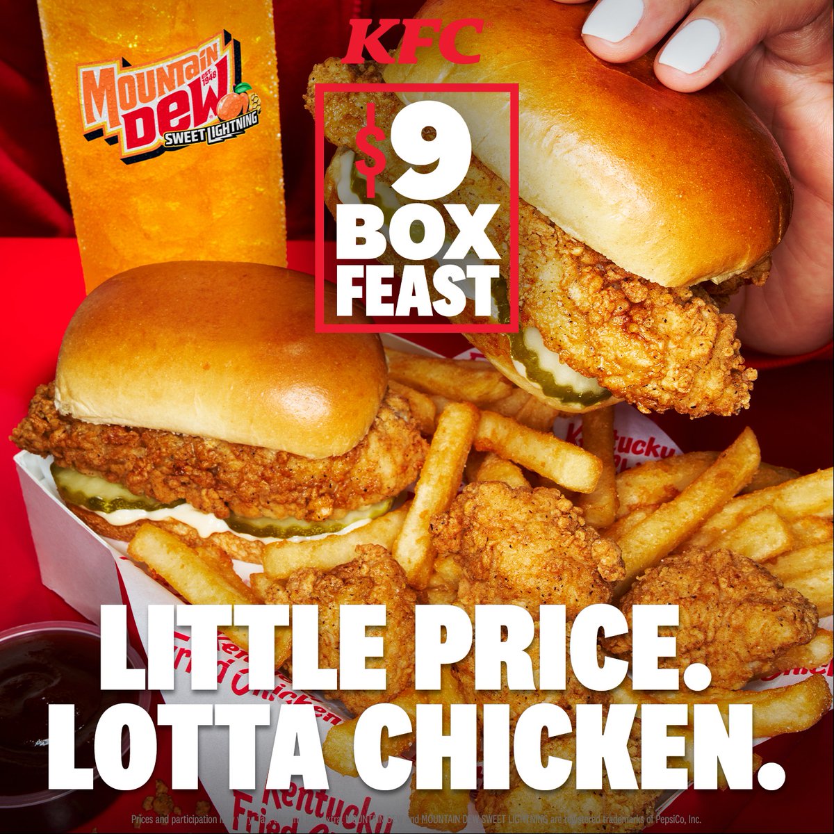 kfc's tweet photo. Get two crispy KFC Snackers, 5 juicy nuggets, fries, and a drink for just $9.