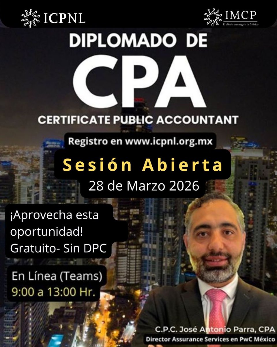 IMCP's tweet image. La Región Noreste y el Instituto de Contadores Públicos de Nuevo León te invitan a la sesión abierta del #Diplomado de #CPA, que se realizará el 28 de #marzo de forma virtual y #gratuita.

Regístrate ahora: ow.ly/Y7Uo50Yzn4z