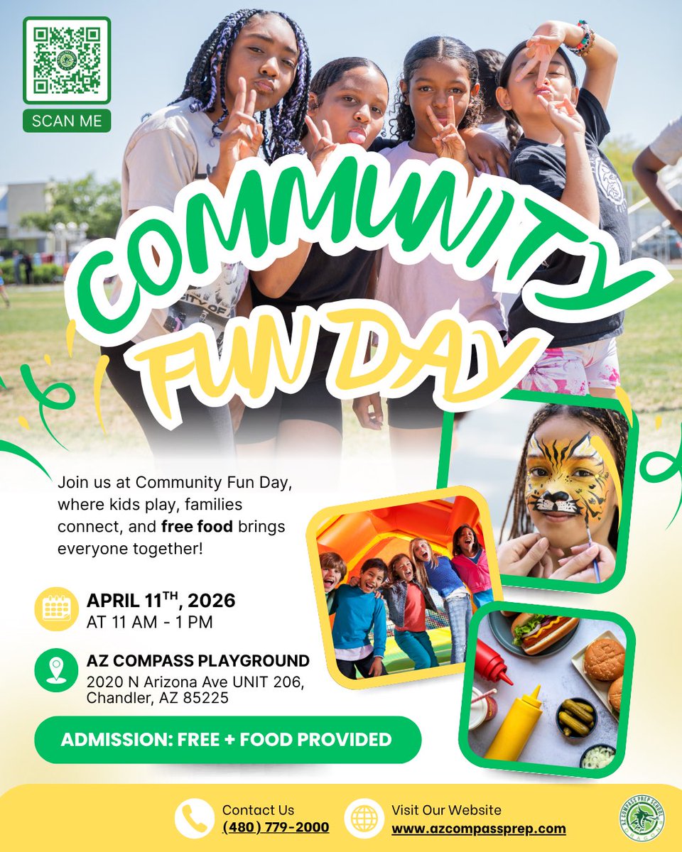 AZCOMPASSSCHOOL's tweet photo. Community Fun Day is almost here! 
Join us April 11 from 11AM–1PM at the AZ Compass Playground for a day all about community—kids playing, families connecting, and FREE food for everyone. Bouncy houses, games, music, face painting &amp; more… bring the whole family! 🐉 https://t.co/amSNo1k4cl