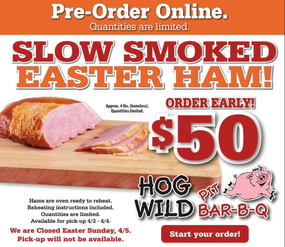 Hop on Home with a Hog Wild Easter! Our smoked ham is 100% boneless, approx. 4 lbs and ready to reheat. Pickup April 2–4. We’re closed on Easter Sunday (April 5). #Wichita #Omaha 
Quantities are limited—preorder now: orderonline.hogwildpitbbq.com