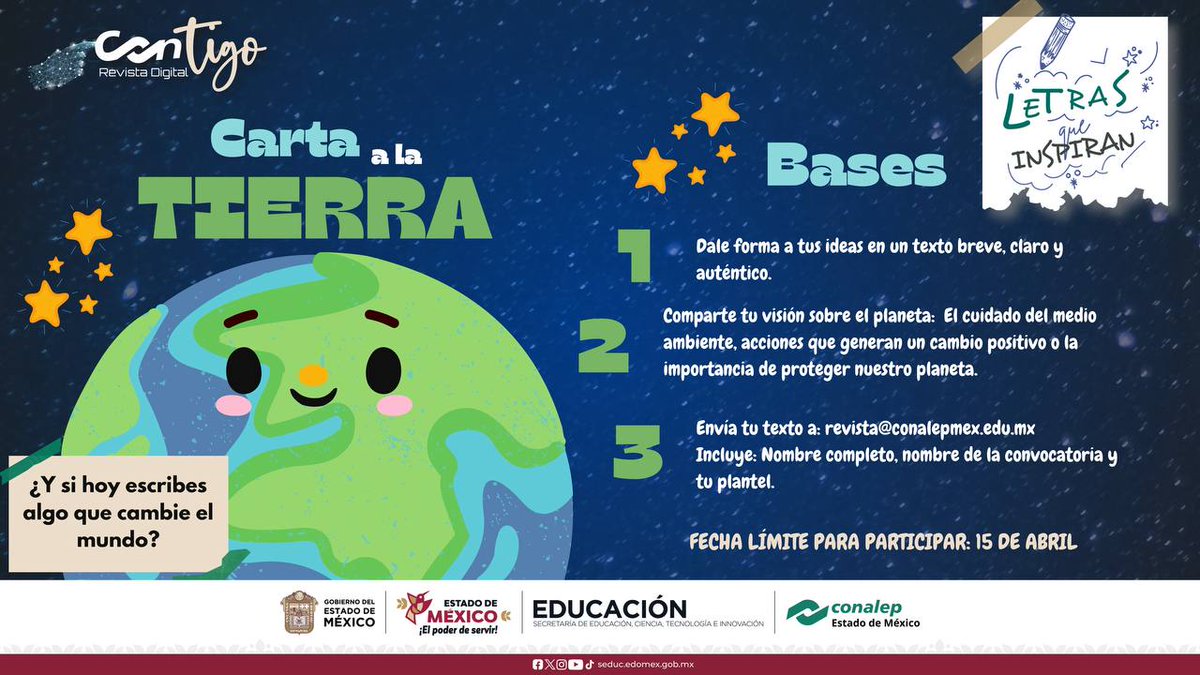 Conalep_Edomex's tweet photo. La Tierra tiene mucho que decir… pero hoy, te toca a ti hablar por ella 💬💚

Escribe sobre el cuidado del planeta, tus ideas o acciones que pueden hacer la diferencia 🌱✨🌍

📝 Atrévete a inspirar con tus palabras en #LetrasQueInspiran

#RevistaCONtigo #ApasionadamenteCONALEP https://t.co/c3mZmVVGzu