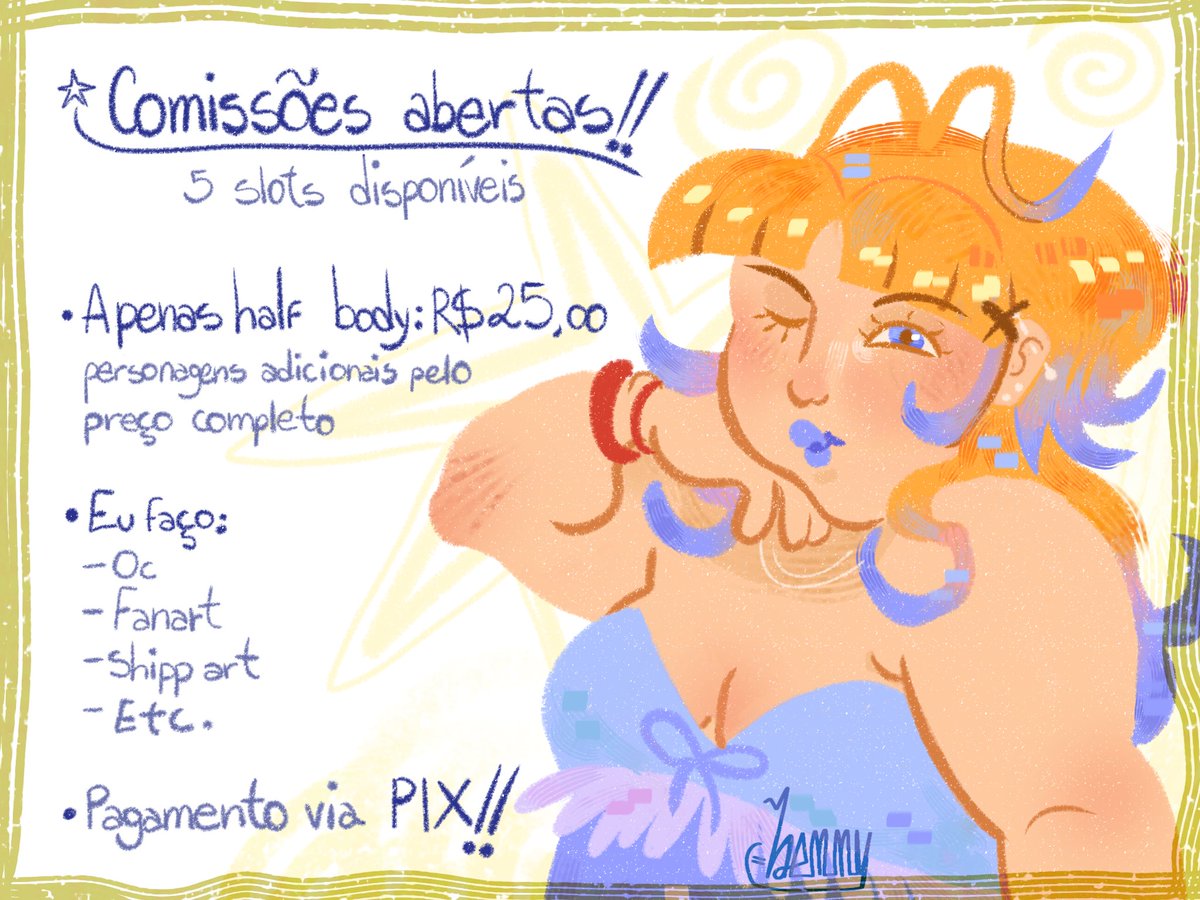 oii amgs br‼️
 estou com comissões abertas com 5 slots !! 

qualquer dúvida pode me chamar no discord (@/sabaonette) ou aqui na dm