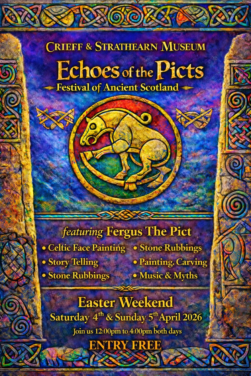 Cèad Mìle Fàilte #Spring #Festival2026 #Easter2026  at #Crieff <a href="/CrieffMuseum/">Crieff & Strathearn Museum</a> 
♥️the High Street, ✅ o' the Toon! 
Lots going on, immerse yourself in the 'Echoes of the Picts' event, rich ancestral history &amp; culture. Join us come &amp; meet #Fergus the #Pict
Our Very Important #Pict.
