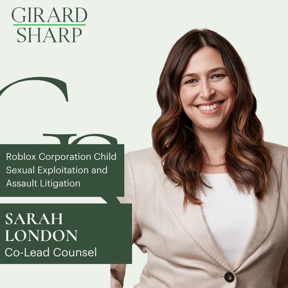 GirardSharp's tweet photo. The federal Roblox MDL is moving forward — and Girard Sharp partner Sarah London is serving as Co-Lead Counsel, fighting for survivors and pushing for real safety reforms to protect children online.

Learn more: https://t.co/kDEq9bsCFH

#GirardSharp #RobloxMDL #ChildSafetyOnline https://t.co/PmEKGWN90G