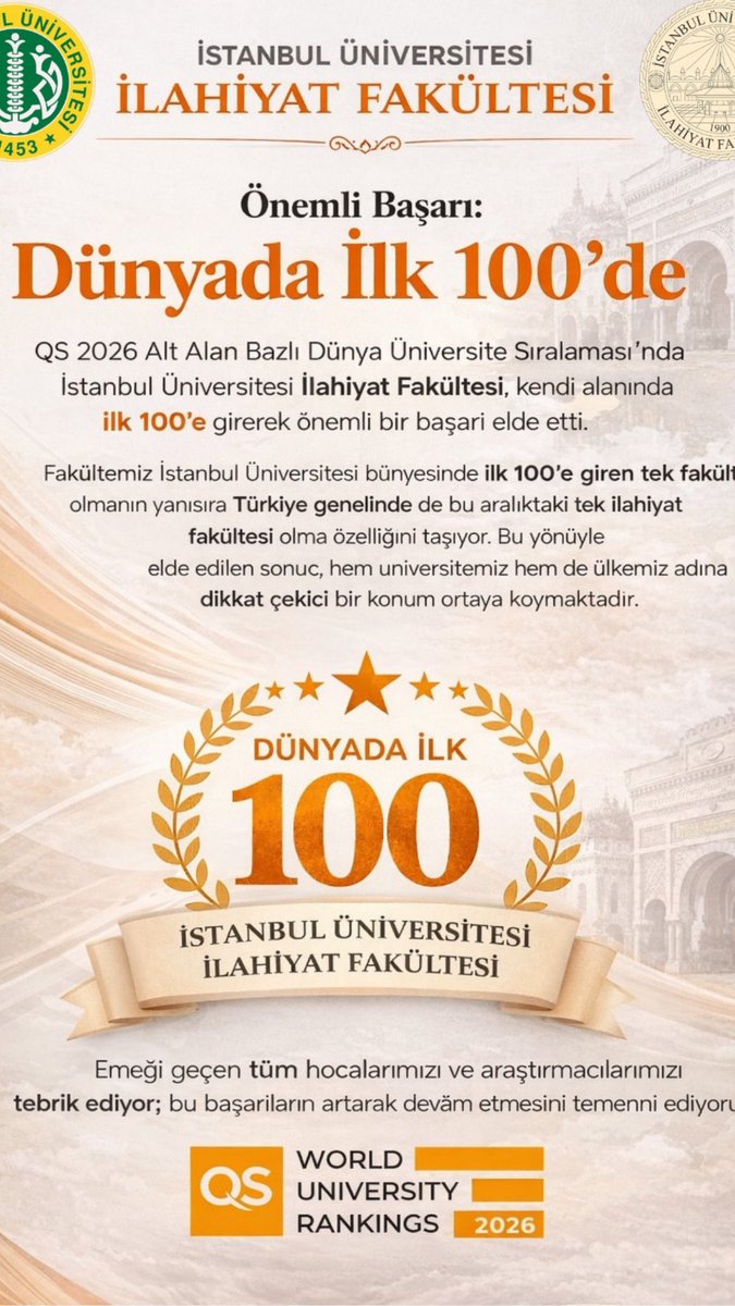 İstanbul Üniversitesi İlahiyat Fakültesi İlahiyat alanında dünya genelinde ilk 100’de 👏🏻👏🏻