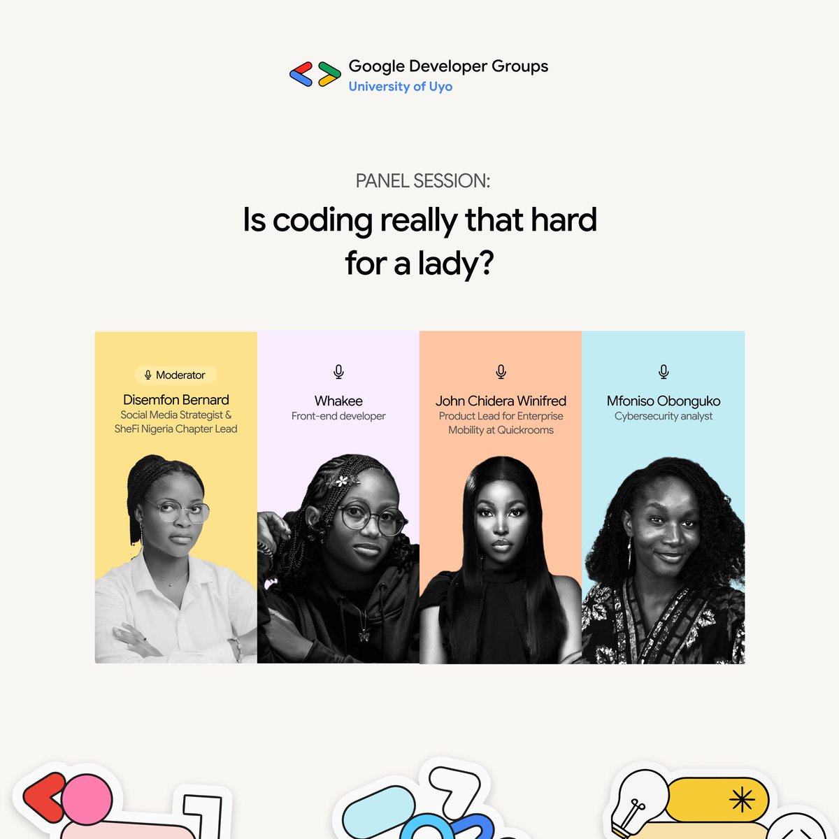 gdgocuniuyo's tweet image. “Is coding really that hard for a lady?”
Million dollar question🤔

Our experienced sisters in tech would be breaking this down in a panel session at the event tomorrow👩🏽‍💻

Register now to join the discussion: gdg.community.dev/e/mz7fjr/

#IWD #WomenInTech #gdguniuyo