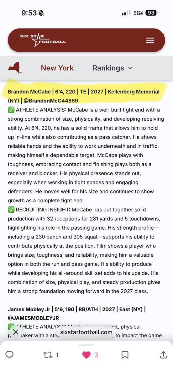 BrandonMcC44859's tweet photo. Grateful to be recognized @sixstarfootball 
Appreciate the support—focused on improving every day and ready for a big season ahead! https://t.co/u95Mr9SHuO