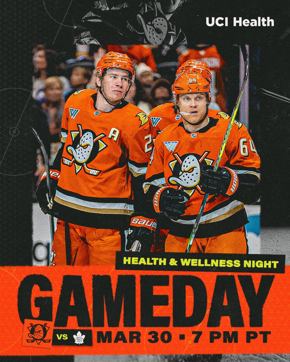 Back at home! 

🆚: TOR
🕖: 7 p.m. PT
📺: Victory+ / KCOP-13
🎙: <a href="/DucksStream/">Ducks Stream</a> 
🤝: <a href="/UCIrvineHealth/">UCI Health</a>