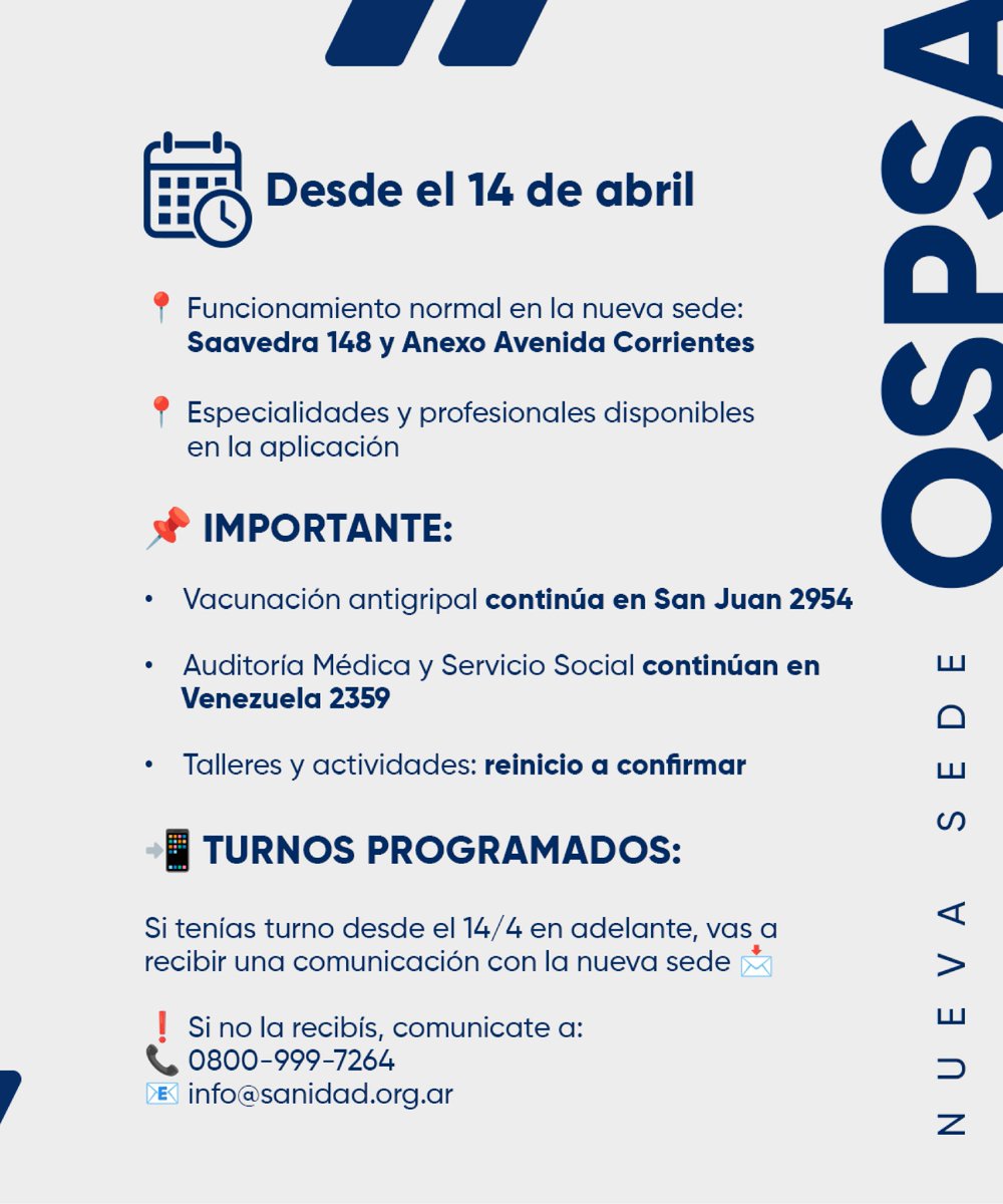AtsaBsAs's tweet photo. ⚠️Compañerxs,  seguimos avanzando con la puesta en funcionamiento del nuevo Centro Médico de #OSPSA.
👉Hoy les compartimos información importante sobre cómo será el cronograma de atención durante estos días de reorganización, hasta la puesta en marcha de la nueva sede desde el 14 de abril
