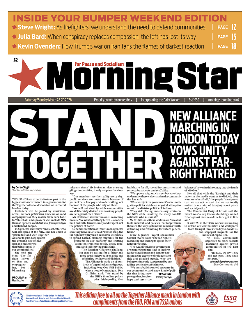 M_Star_Online's tweet photo. Tomorrow's front page:

Stand together – New alliance marching in London today vow unity against far-right hatred

Subscribe to the Morning Star newspaper: https://t.co/IErMcVLkje https://t.co/YJlxV7eDOT