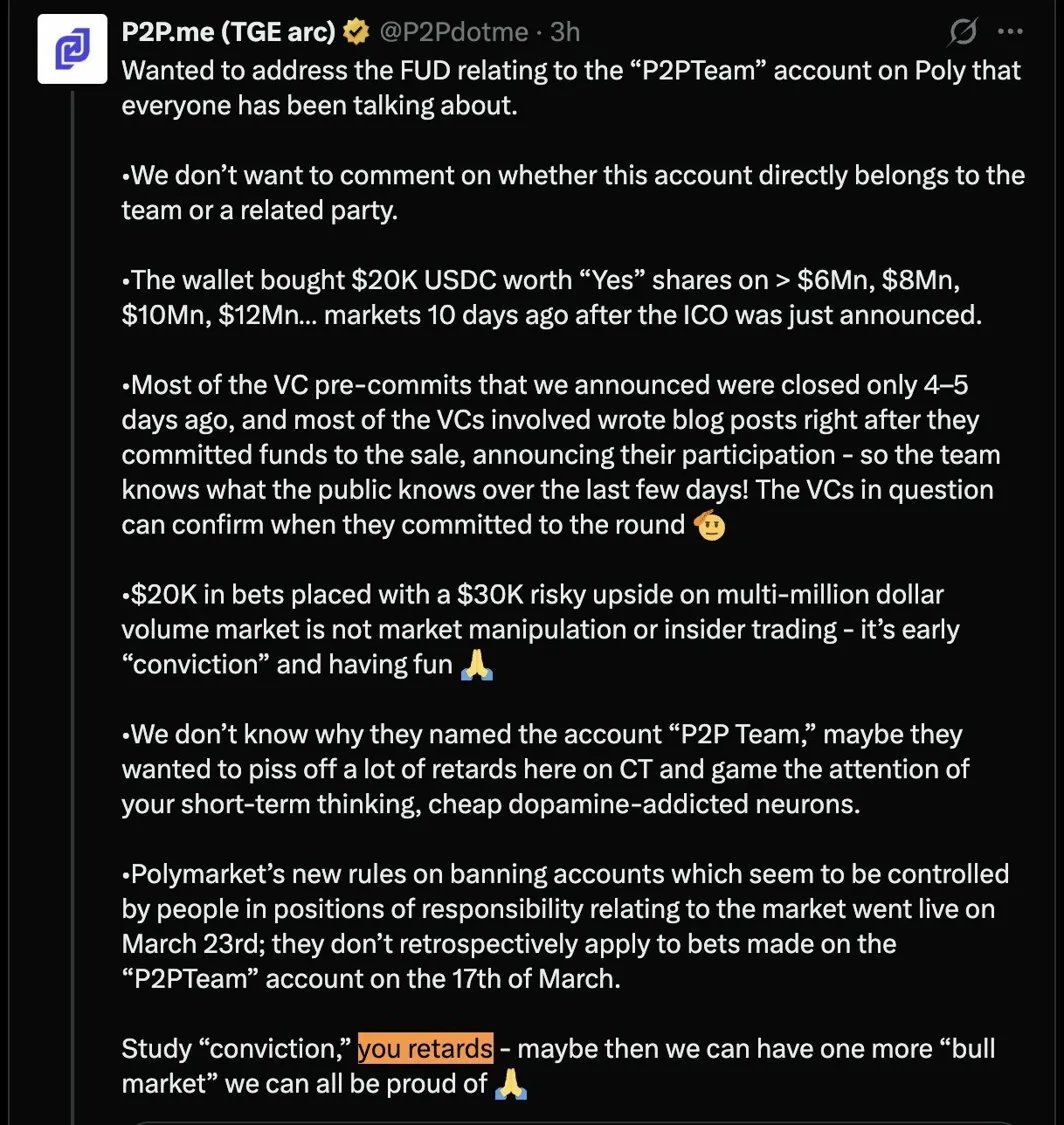 CemilKGN's tweet photo. first they called CT 'retards' for questioning the polymarket account. 

then p2p clowns admitted 24hrs later it was their account all along. 

pathetic. https://t.co/JgSAUzbGUU
