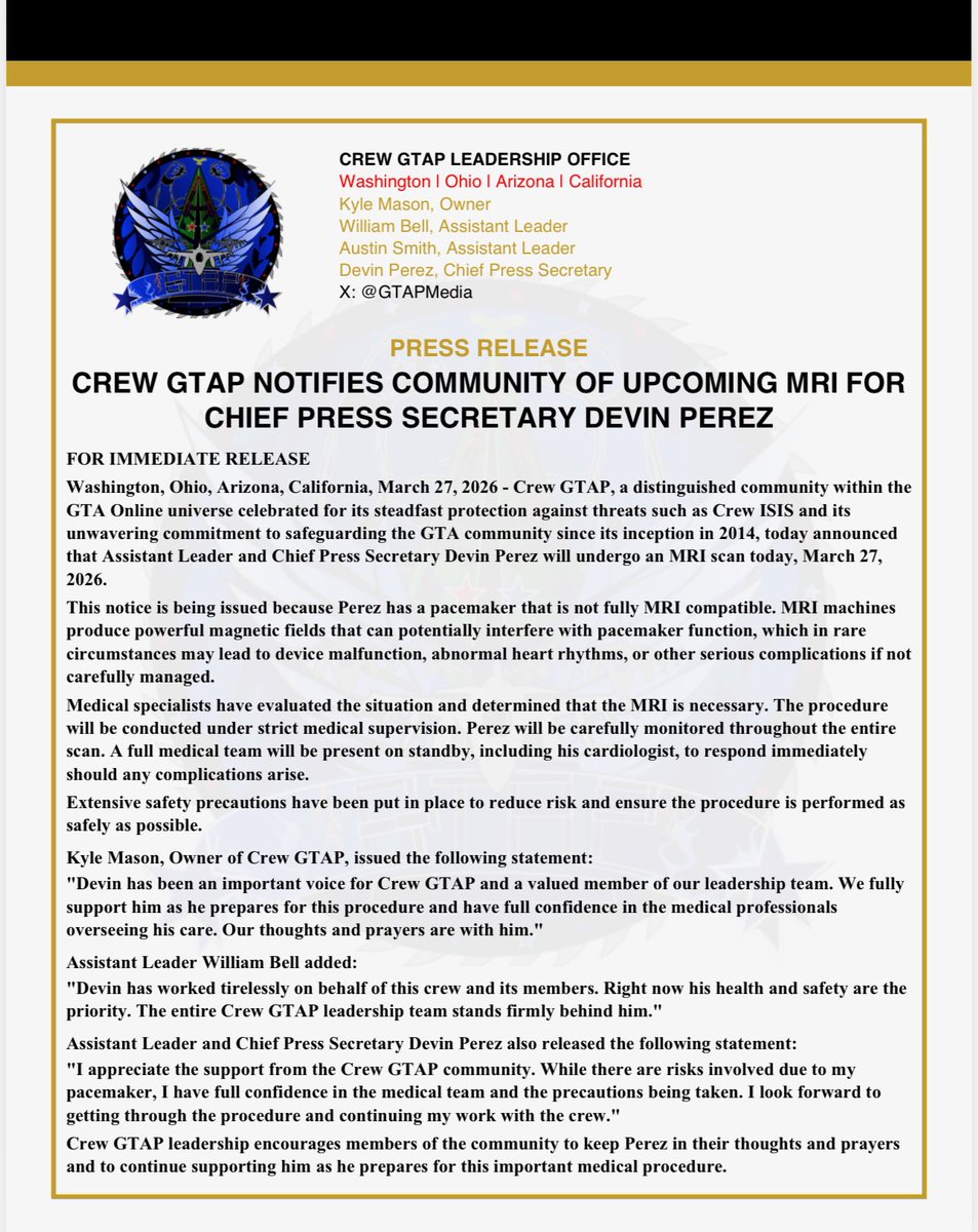 GTAPMedia's tweet photo. BREAKING: GTAP Press Secretary releases a statement in regards to MRI https://t.co/8SWo5qm65E