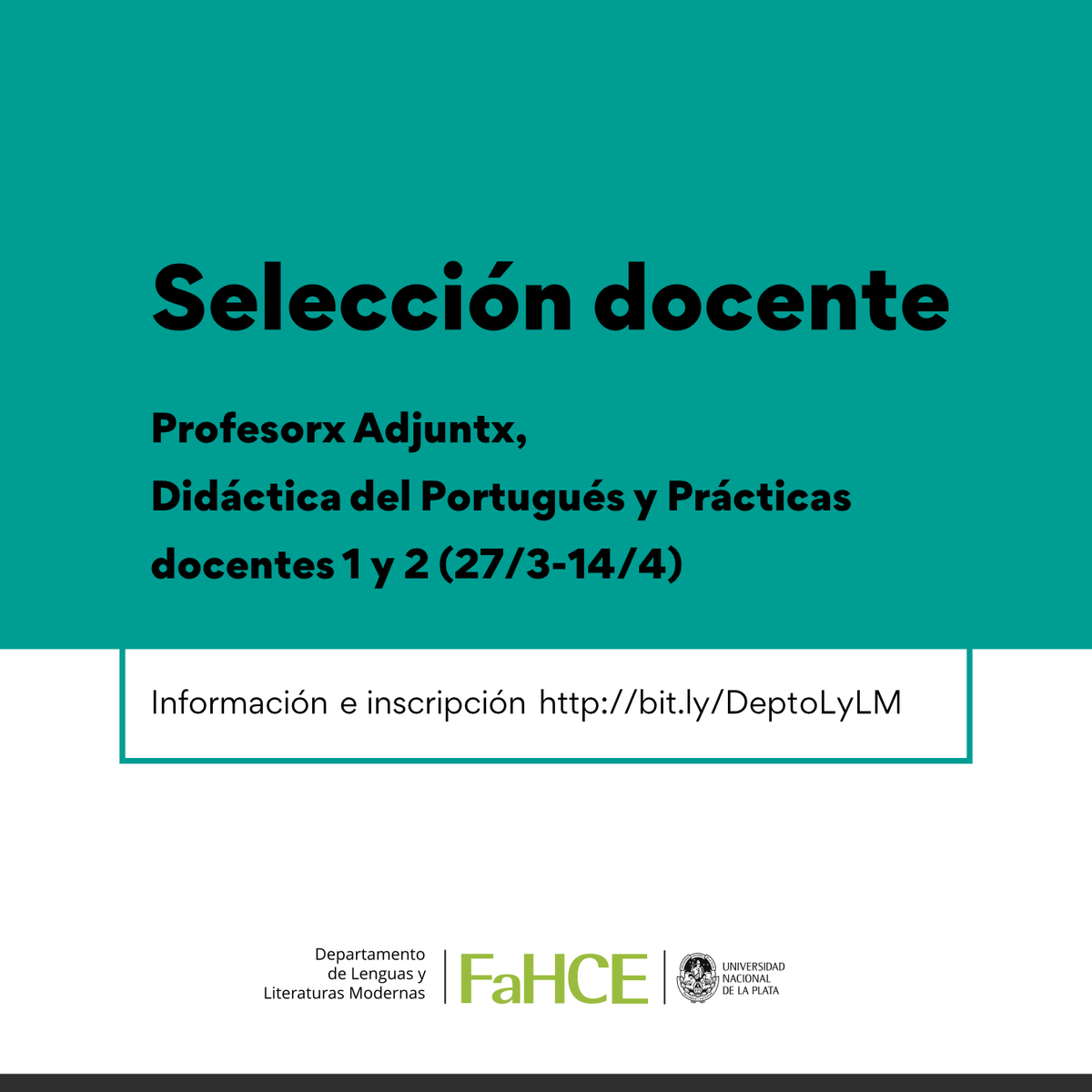 deptolylm's tweet photo. El Departamento de Lenguas y Literaturas Modernas convoca a SELECCIÓN DOCENTE de Profesorx Adjuntx en las cátedras Didáctica del Portugués y Prácticas Docentes 1 y 2, 27/3 al 14/4 de 2026.
Para más información e inscripción, consultar  https://t.co/y3xuDuHxVO https://t.co/SAC6WlDMHN