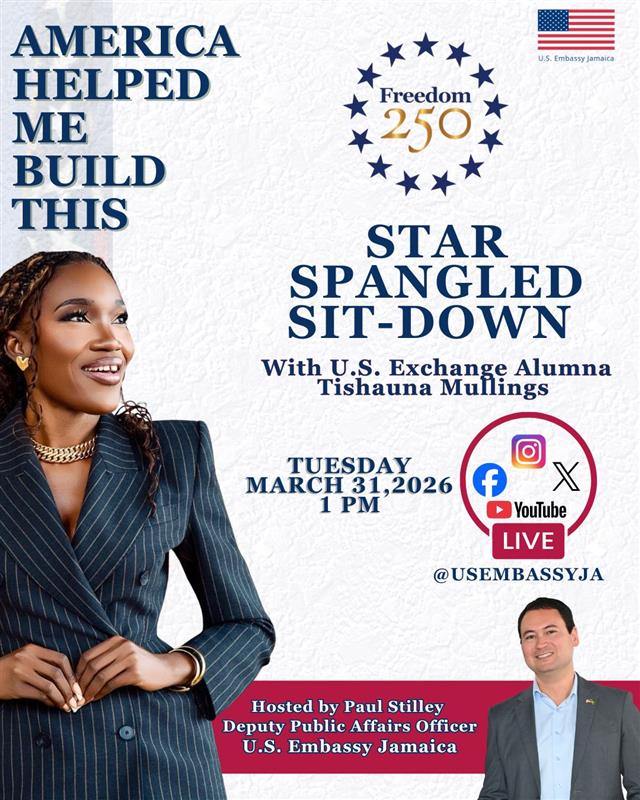 What happens when opportunity meets action?

Join us LIVE for Star-Spangled Sit-Down: America Helped Me Build This featuring Tishauna Mullings (<a href="/NexxsteppTish/">Tishauna Mullings</a>) —a social innovator using her U.S. exchange experience to drive real impact in Jamaica.

📅 Tuesday, March 31, 2026
🕐