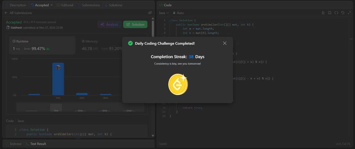Siddhesh_2110's tweet photo. Day 115 🚀

LC POTD ✅
GFG POTD ✅
CF Practice (2 Problems) ✅
CF:
• Theatre Square → Math
• Stones on the Table → Greedy

#Day115 #DSA #Codeforces #LeetCode #Consistency https://t.co/VN8G8Be5qX