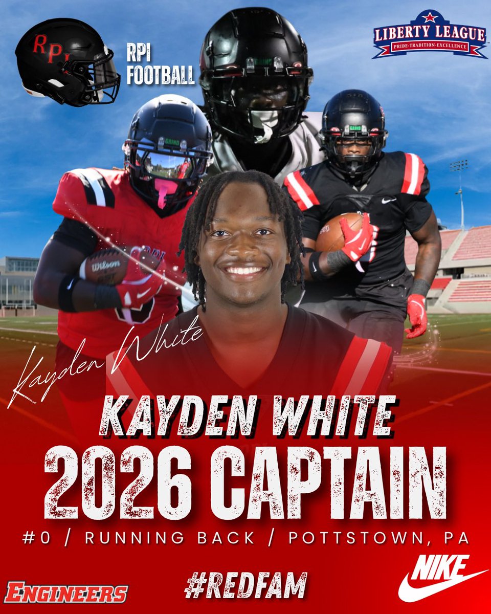 RPIFootball's tweet image. KAYDEN WHITE
Leadership earned, not given.

Please join us in congratulating our 2026 Captain,
Kayden White

A relentless competitor who sets the tone every single day.

#REDFAM #TEAM140