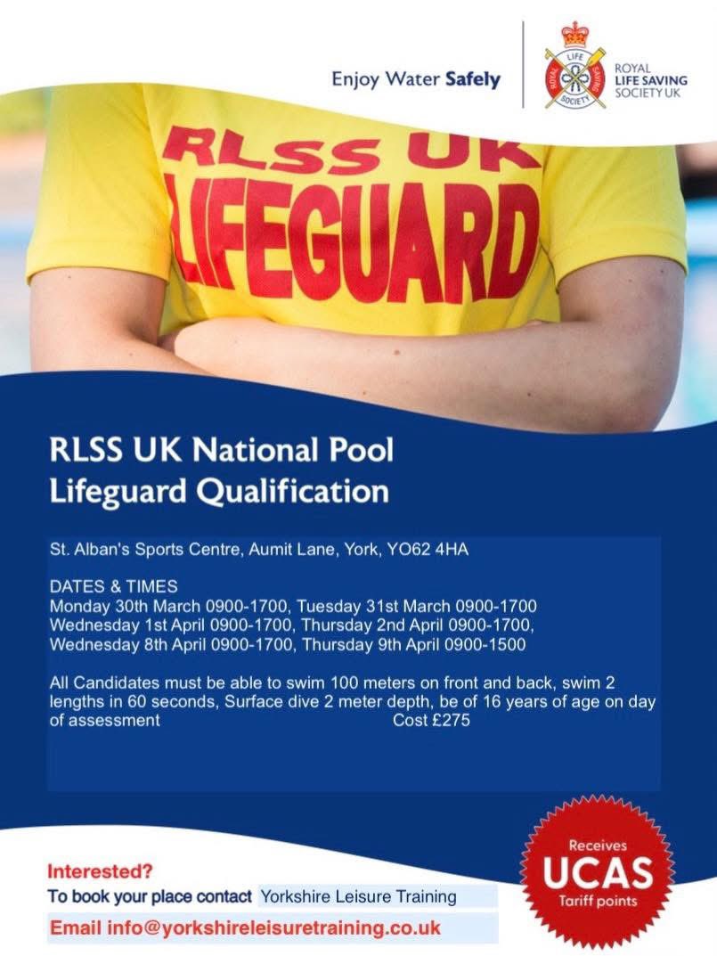 YLTraining1's tweet photo. 🚨 LAST FEW SPACES REMAINING 🚨

Still thinking about becoming a lifeguard? Our RLSS UK National Pool Lifeguard Qualification starts 30th March, and there are only a few places left 🏊‍♂️

📧 To book your place or ask any questions, contact: info@yorkshireleisuretraining.co.uk https://t.co/rHVLlcIvbz
