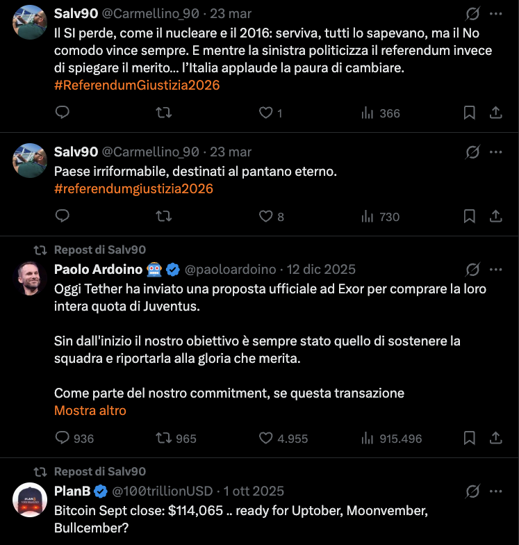 MODALITÀ CECCHINO ✅ ON

L'Illustre Salv90, si iscrive a Twitter nel lontano 2021. Dedica le sue giornate a supportare le criptovalute e condividere post sui bitcoin e altre amenità del genere.

Poi, il 12 Dicembre del 2025 deve essere accaduto qualcosa, perché l'account cessa