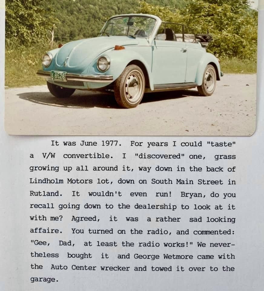 BryanMarquard's tweet image. Fallback Friday from my father. He bought his favorite car, a junky VW convertible, for $850 in 1977, made it spiffy, drove it for 25,498 miles, and sold it for $2,500. He addressed me in this mini essay, which I only saw after he died in 1997. #father #VW