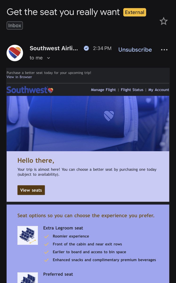 HelloAnnieO's tweet photo. @SouthwestAir I bet your email marketing/CRM team is tired of sending so many upsell messages … I can confirm your customers are sick of it! As a loyal customer and 15+ year credit card holder it’s annoying AF! Would love to see your unsub rate! 👎 https://t.co/t10puHs5Sl