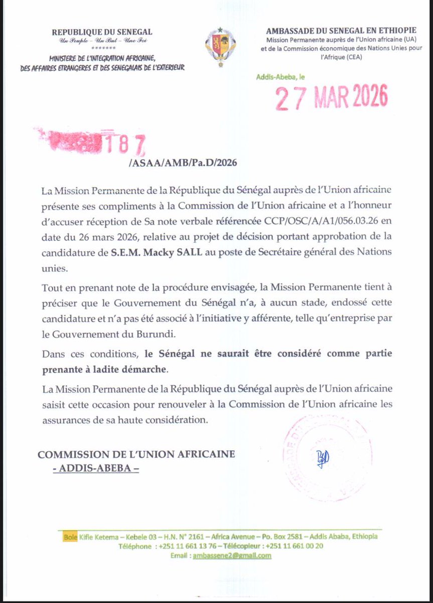 rfemassala's tweet photo. 🔴 cacophonie à l'UA
20 États, dont le Senegal ont opposé leur veto au soutien de l’Union africaine à la candidature de Macky au poste de SG de l’ONU. La résolution est rejetée, selon ce communiqué.

👉 La Commission de l’Union africaine informe que la proposition visant à https://t.co/OnRAx7KAUQ