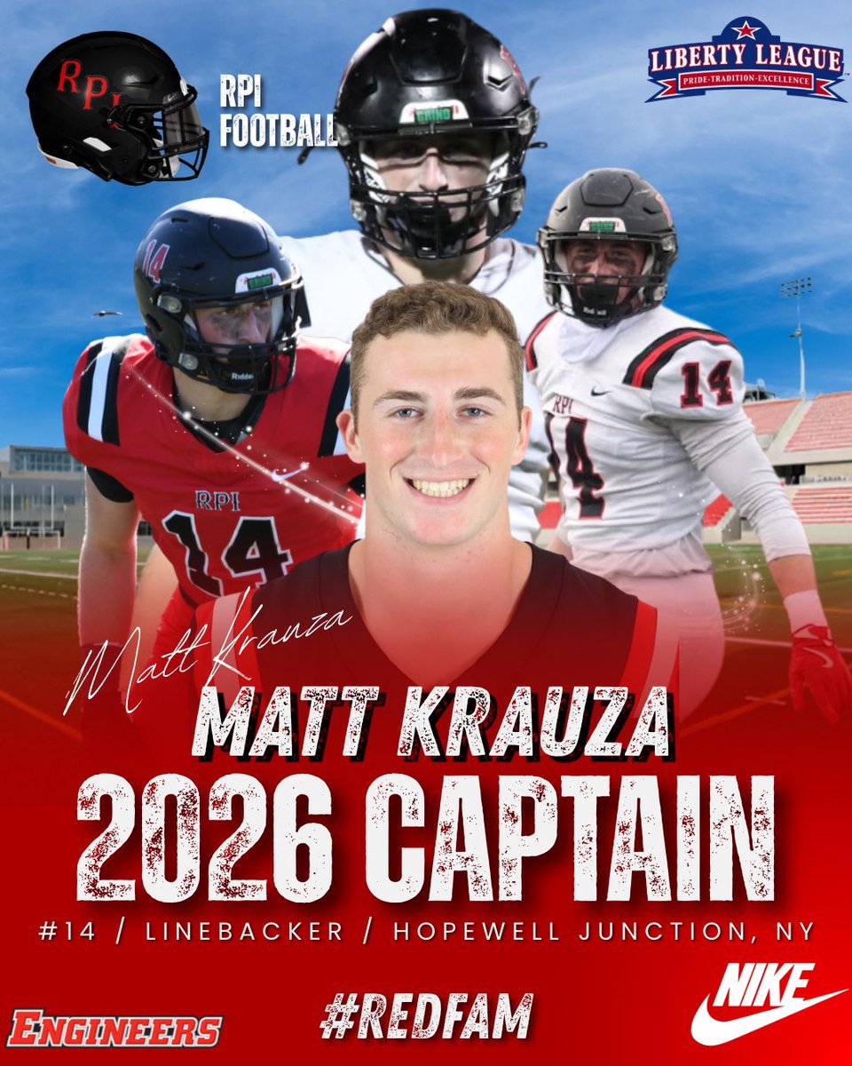 RPIFootball's tweet image. MATT KRAUZA
Tough. Reliable. Respected.

Please join us in congratulating our 2026 Captain,
Matt Krauza

A leader who embodies what it means to wear the jersey.

#REDFAM #TEAM140
