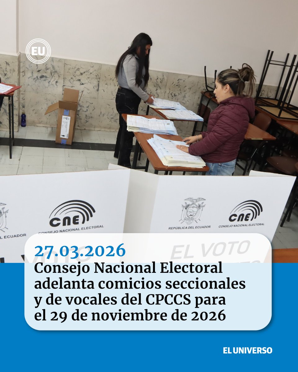 #URGENTE | Ecuatorianos irán a las urnas el 29 de noviembre de 2026 para elegir alcaldes, prefectos, vocales de juntas parroquiales y del Consejo de Participación Ciudadana ow.ly/swrz50YzVJV
